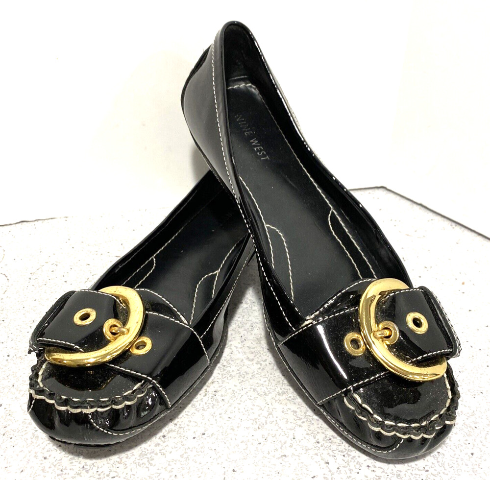 Nine West Lavetta 8.5M black patent driving loafers slip on shoes gold buckles